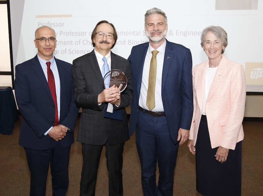 Jorge Gardea-Torresdey, Ph.D., second from left, received the Outstanding Researcher – Distinguished Career Award. He is pictured with, from left, Ahmad Itani, Ph.D, vice president for research; John Wiebe, Ph.D., provost and vice president for academic affairs; and UTEP President Heather Wilson. 