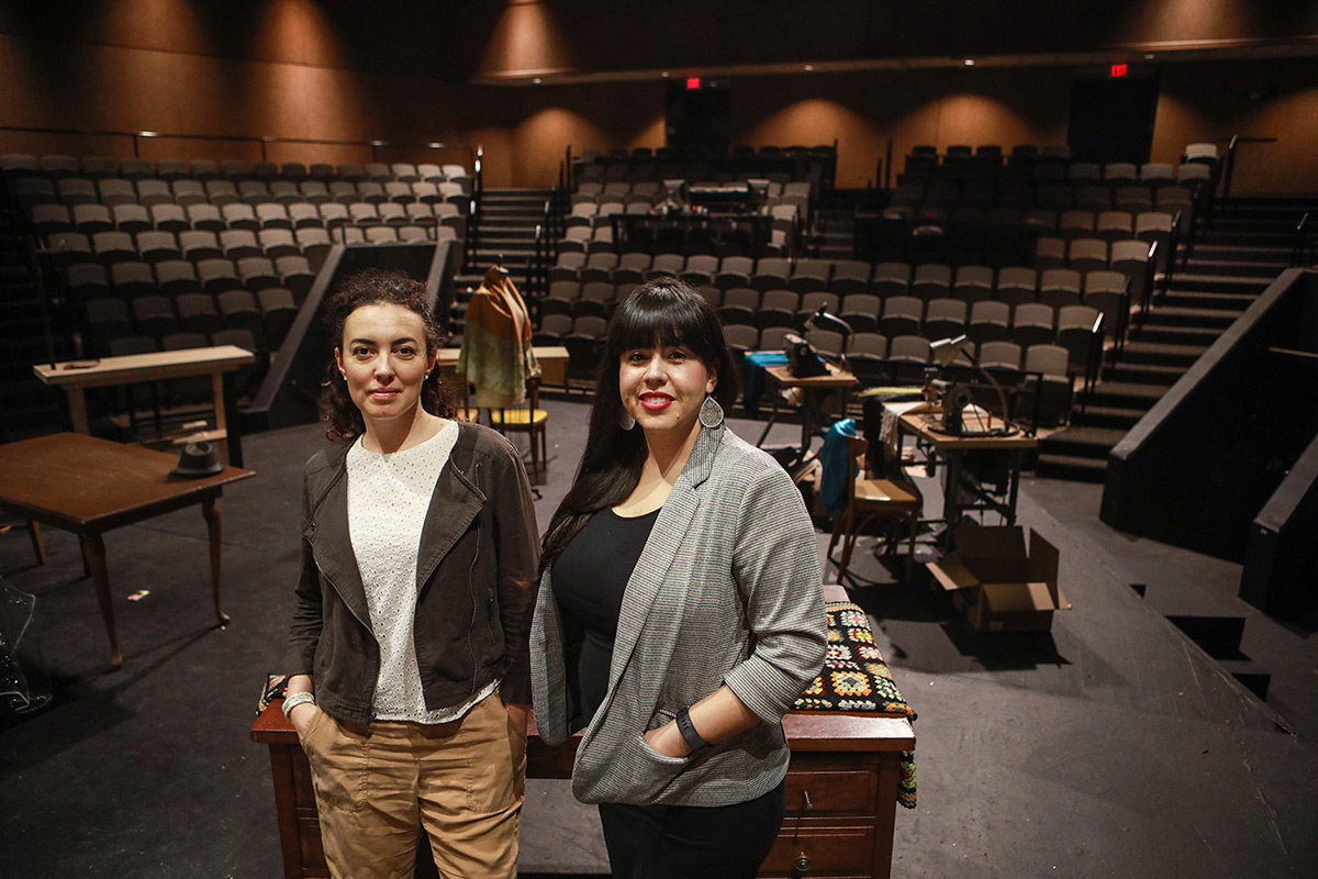 Cristina Goletti, left, chair and associate professor of The University of Texas at El Paso's Department of Theatre and Dance, and Adriana Dominguez, Ph.D., assistant professor, stand on the Wise Family Theatre stage inside UTEP's Fox Fine Arts Center where the 2019-20 season will celebrate the enormous contributions of “Latinx” theater on international culture. Photo: J.R. Hernandez / UTEP Communications 