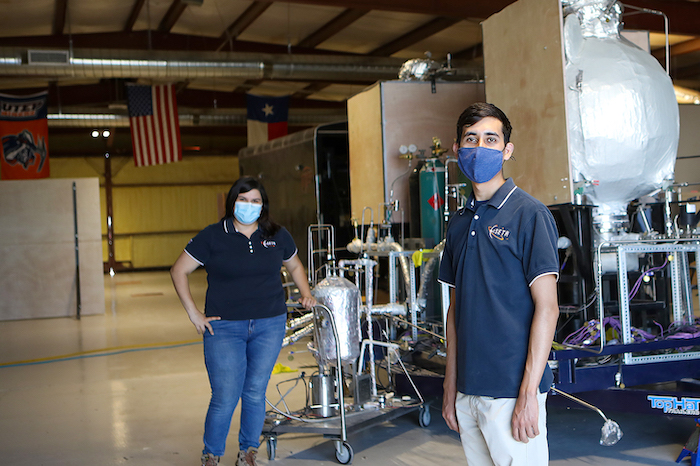 Mariana Chaidez, mechanical engineering doctoral student, accepted a position with top aerospace company, Blue Origin. Rene Miranda, UTEP alumnus, accepted a full-time mechanical engineer – rocket scientist position at United Launch Alliance. JR Hernandez / UTEP Communications 