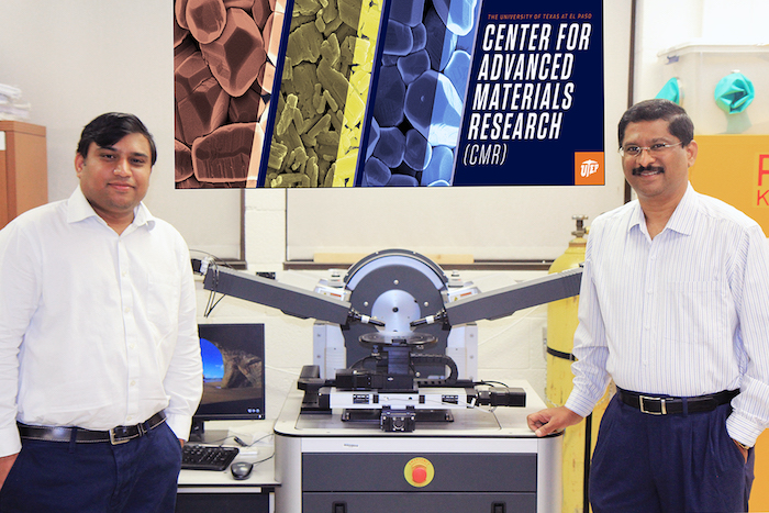 UTEP Assistant Professor Suman Sirimulla, Ph.D., left, received a grant from the National Science Foundation through UTEP’s PREM Center for Advanced Materials Research to support his research on developing antiviral drugs to target COVID-19. At right is Ramana Chintalapalle, Ph.D., principal investigator and director of UTEP’s PREM Center. Photo courtesy of Nisheet Raparla. 