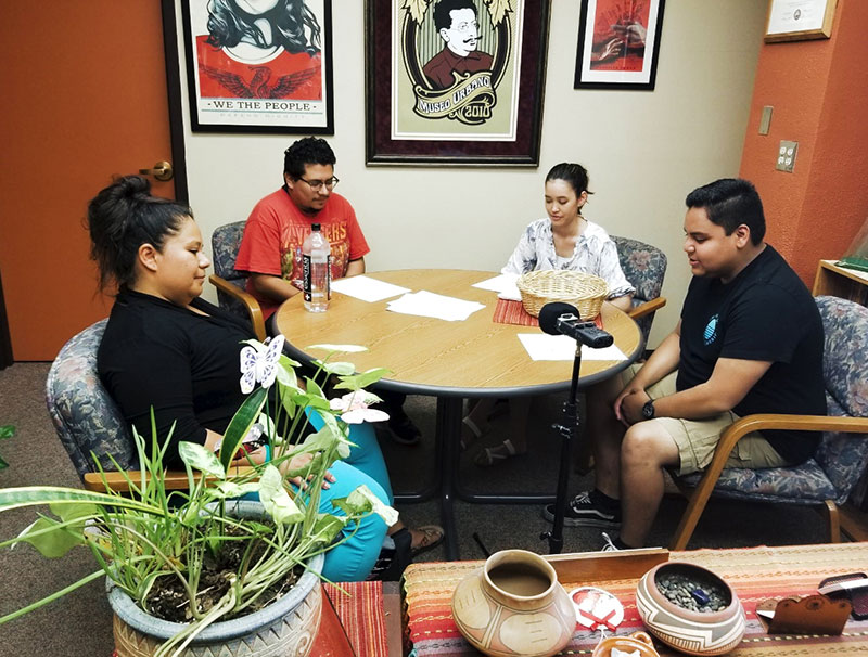Larisa Veloz, Ph.D., assistant professor of History at The University of Texas at El Paso, from left, is interviewed by UTEP students Solomon Contreras, Siera Tanabe and Jonathan Hinojos in fall 2019 as part of an Institute of Oral History podcast. Photo: Courtesy 