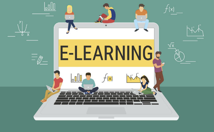 Vector image of a laptop reading “E-Learning” with smaller people with laptops sitting on it.