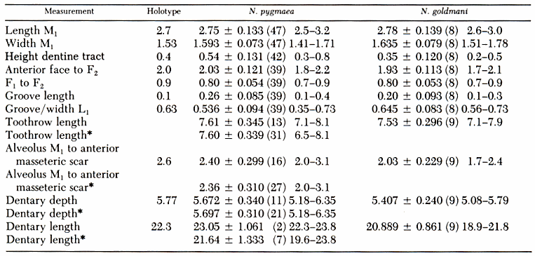 Measurements of Neotoma pygmaea