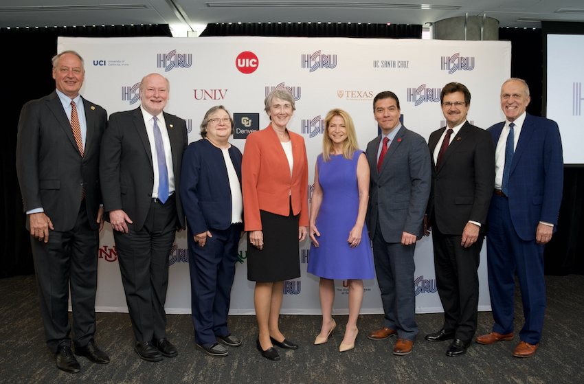 Leaders from the Alliance of Hispanic Serving Research Universities gathered to celebrate its launch on Thursday, June 9, 2022, in Washington, D.C. The alliance comprises 20 universities that are both categorized as R1 (very high research activity) by the Carnegie Classification of Institutions of Higher Education and designated as a Hispanic Serving Institution by the U.S. Department of Education. Pictured from left to right: Taylor Eighmy, President, University of Texas, San Antonio; Howard Gillman, Chancellor, University of California, Irvine; Cynthia Larive, Chancellor, University of California, Santa Cruz; Heather Wilson, President, The University of Texas at El Paso; Michelle Marks, Chancellor, University of Colorado - Denver; Javier Reyes, Interim Chancellor, University of Illinois, Chicago; Lawrence Schovanec, President, Texas Tech University, Lubbock; Kim A. Wilcox, Chancellor, University of California, Riverside. 