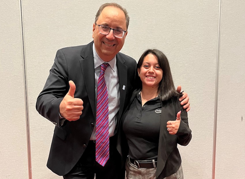 Alum Yazmin Montoya was recognized with the 20 Under 30 award by SEMI, the premier association for individuals working in the field of semiconductors. She was honored at SEMICon West in July, where she had the immense pleasure of meeting Keyvan Esfarjani, the Executive Vice President of Intel where Montoya works. 