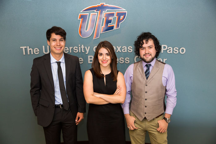 UTEP MBA students stand outside one of their classrooms. Photo: Ivan Pierre Aguirre/UTEP Communications 