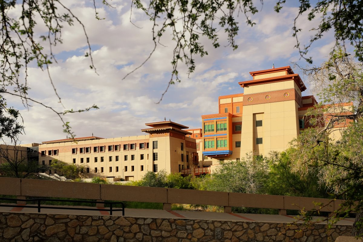 Aerial view of the UTEP campus with the Franklin Mountains in the background.
