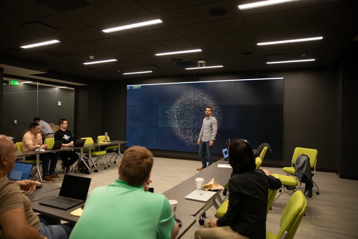 The large-format display wall in the Visualization Lab, Interdisciplinary Research Building Room 2.215.