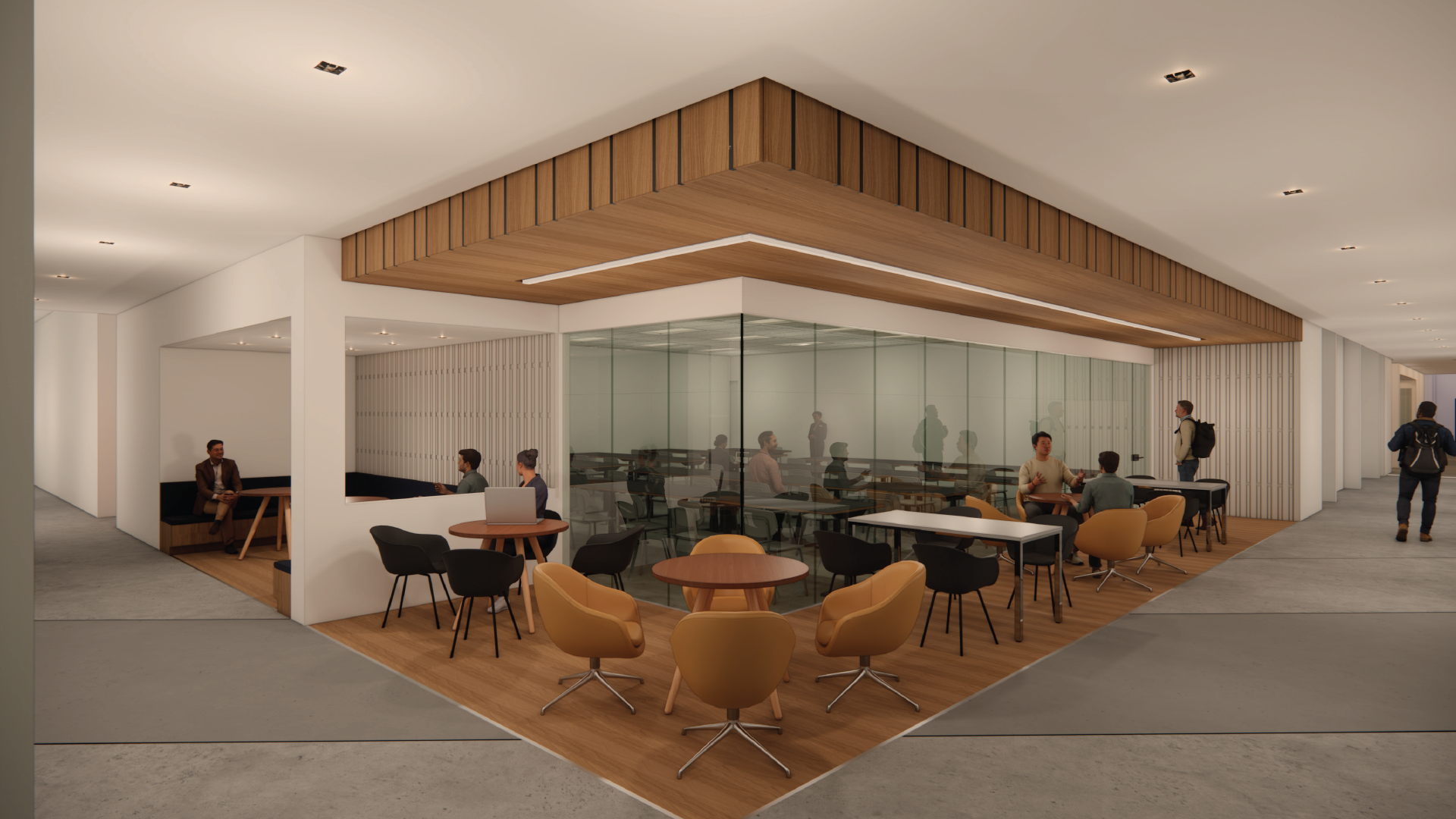 Conceptual rendering of a proposed glass-enclosed third-floor collaboration area in the Business Administration Building