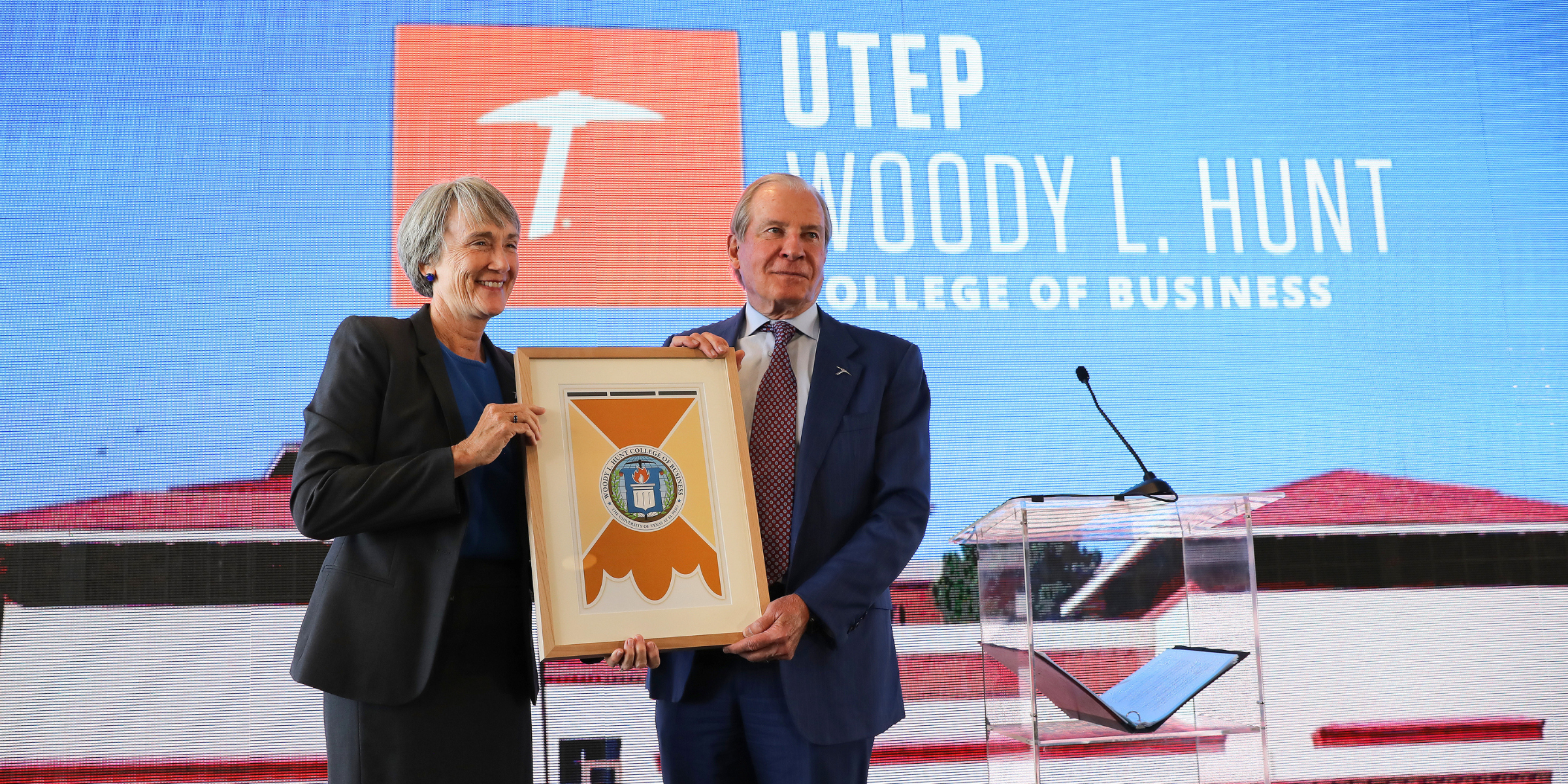 UTEP President Heather Wilson and Woody Hunt at the Woody L. Hunt College of Business naming event.