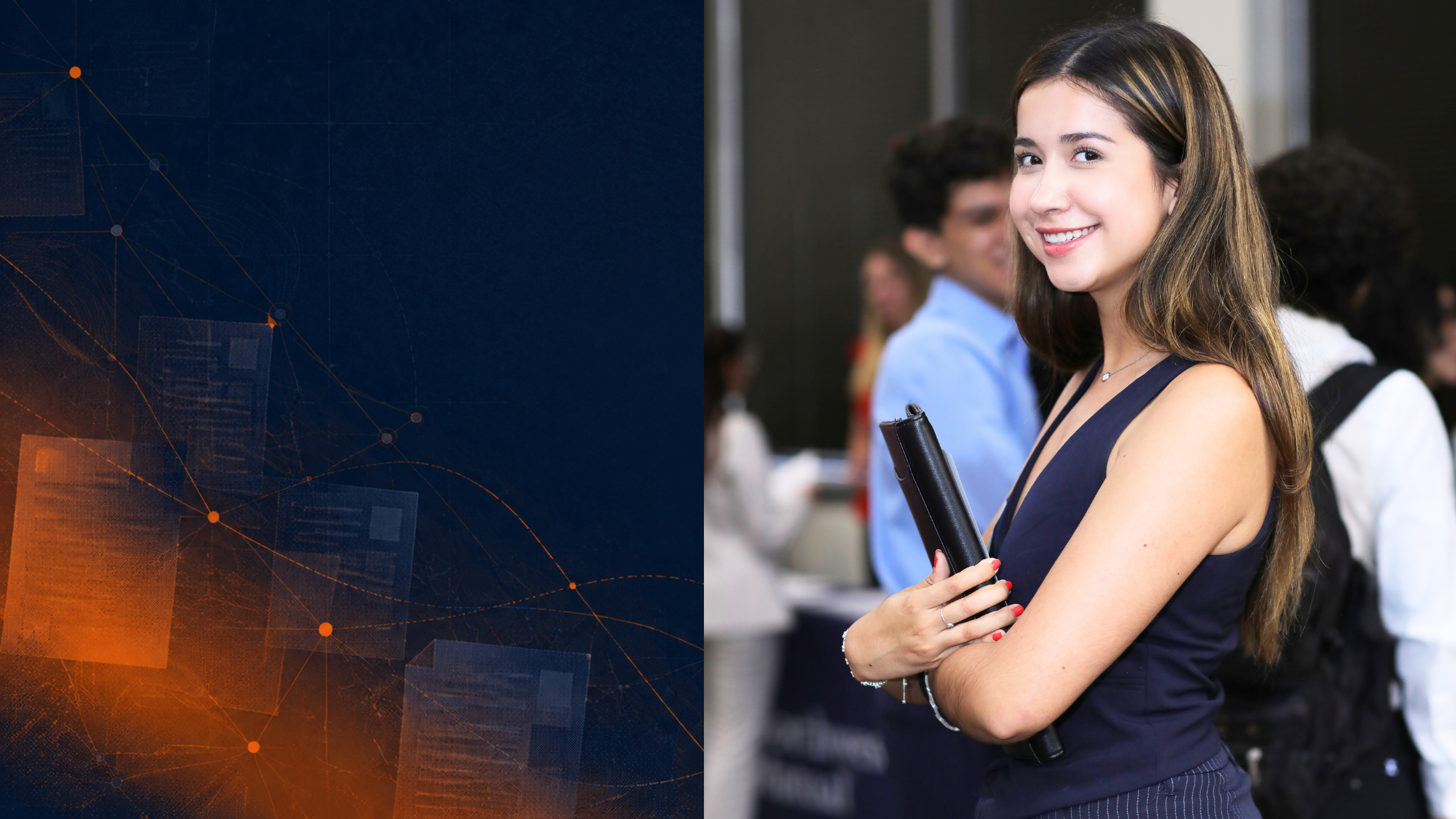 Hunt College student holding a portfolio at a networking event beside an abstract network graphic.