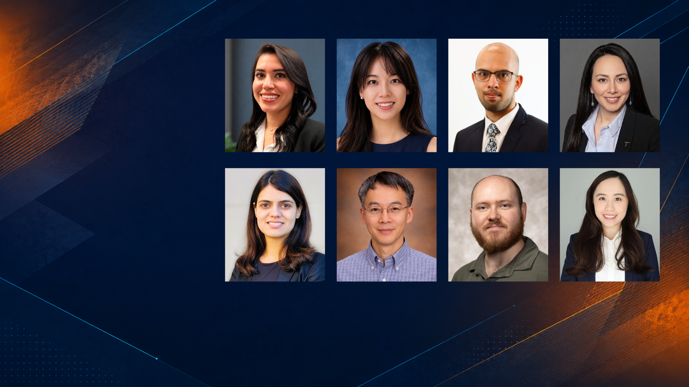 Portraits of eight new Hunt College faculty members arranged on a navy and orange background.