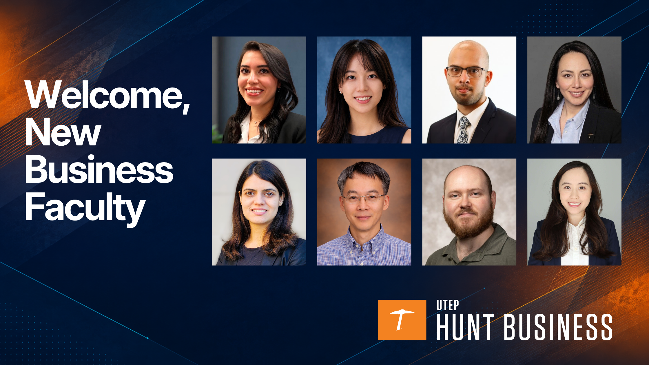 Welcome, New Business Faculty, featuring portraits of eight new Hunt College faculty members