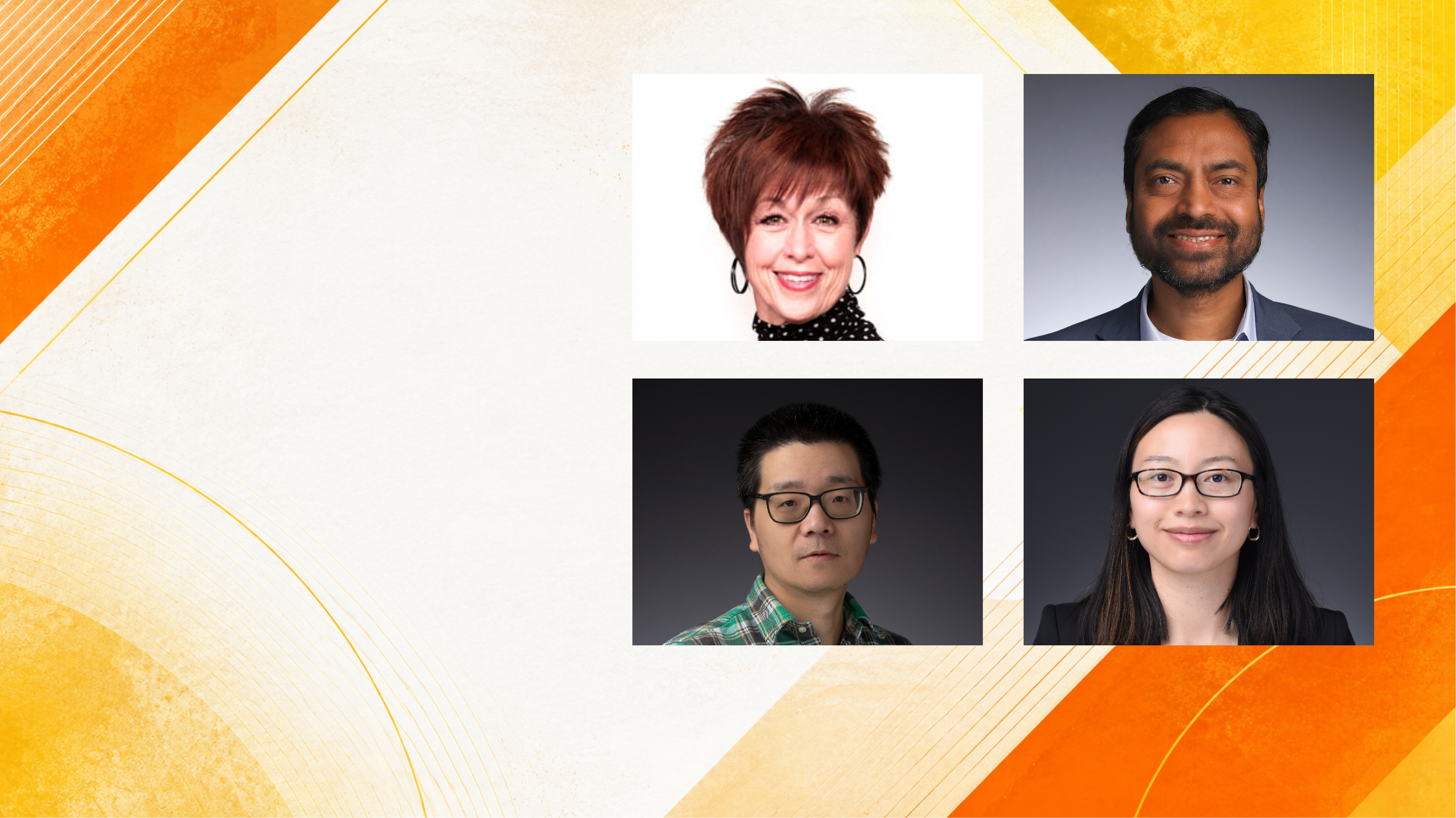 Portraits of four Hunt College faculty members who earned promotion, tenure, or both, arranged on a white and orange background.