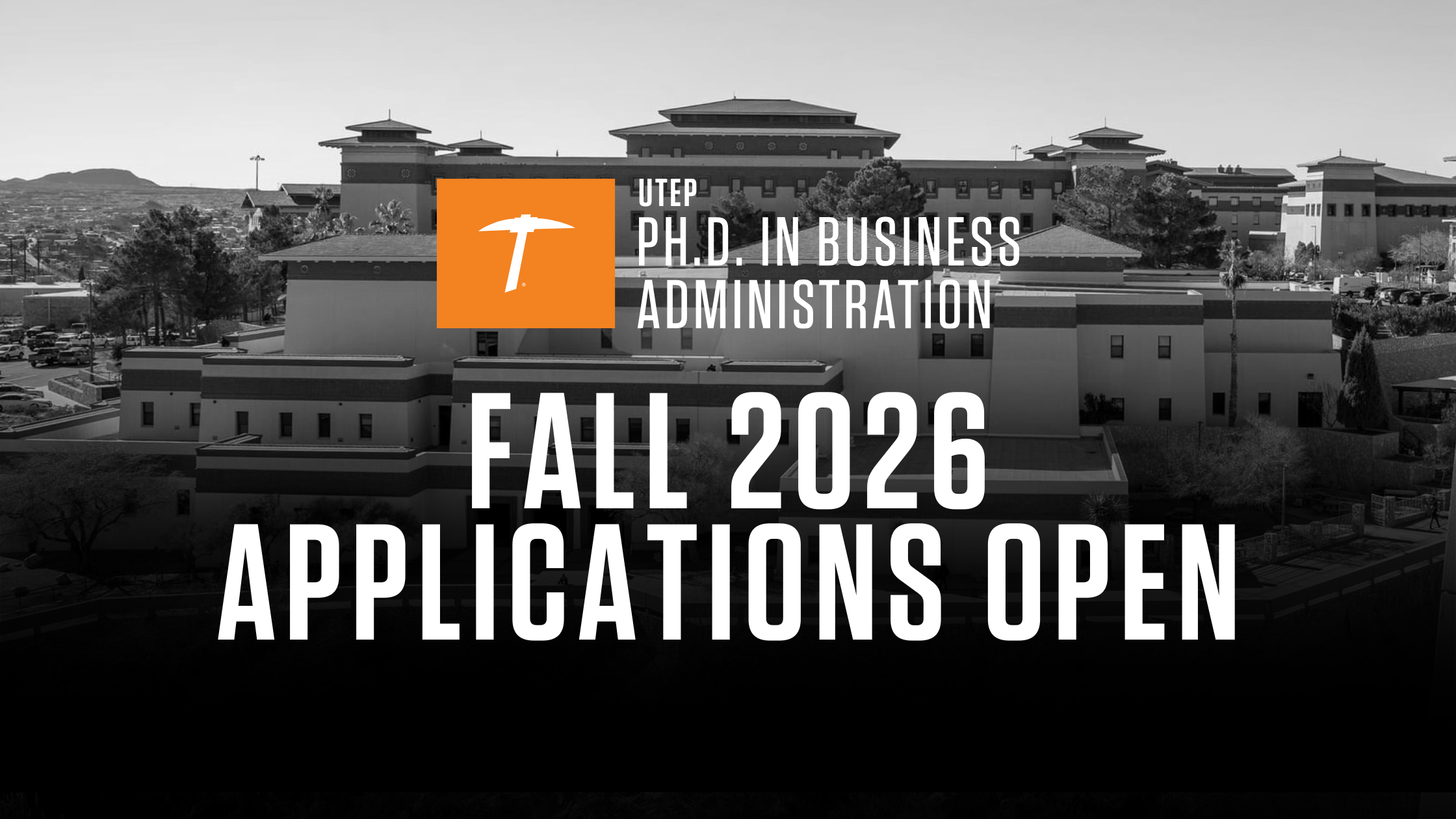 Black and white image of BUSN with PhD in Business Administration logo; headline reads: Fall 2026 Applications Open