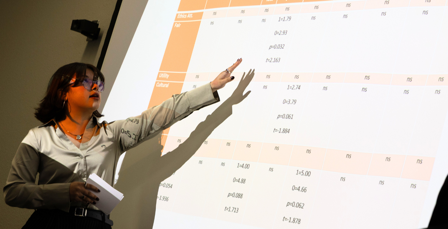 A Hunt College student presenting research to an audience.