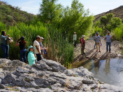 Students gathered around a pond in the field listening to faculty researcher.