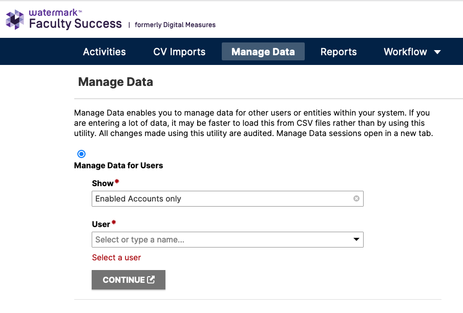 Faculty Success' Manage Data user selection drop down options