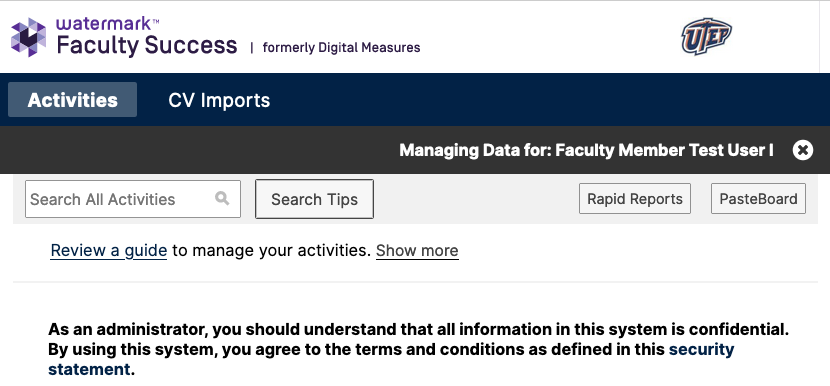 Faculty Success' Manage Data user confirmation image showing a dark-gray bar with the name of the user whose data is being accessed.