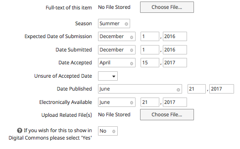 Screenshot of bottom portion of the publications screen in Digital Measures, specifically dealing with dates.