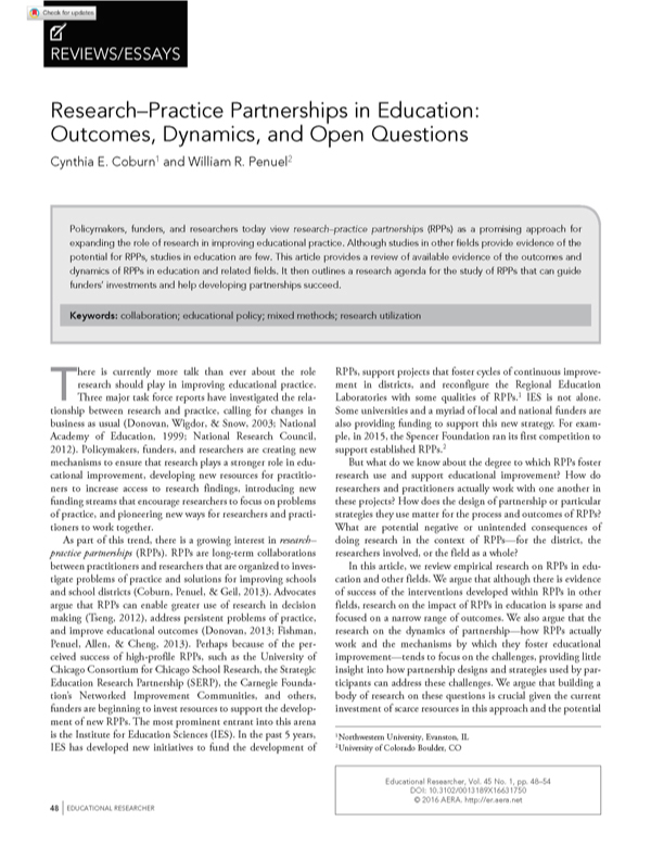 Research-Practice Partnerships In Education: Outcomes, Dynamics, And Open Questions