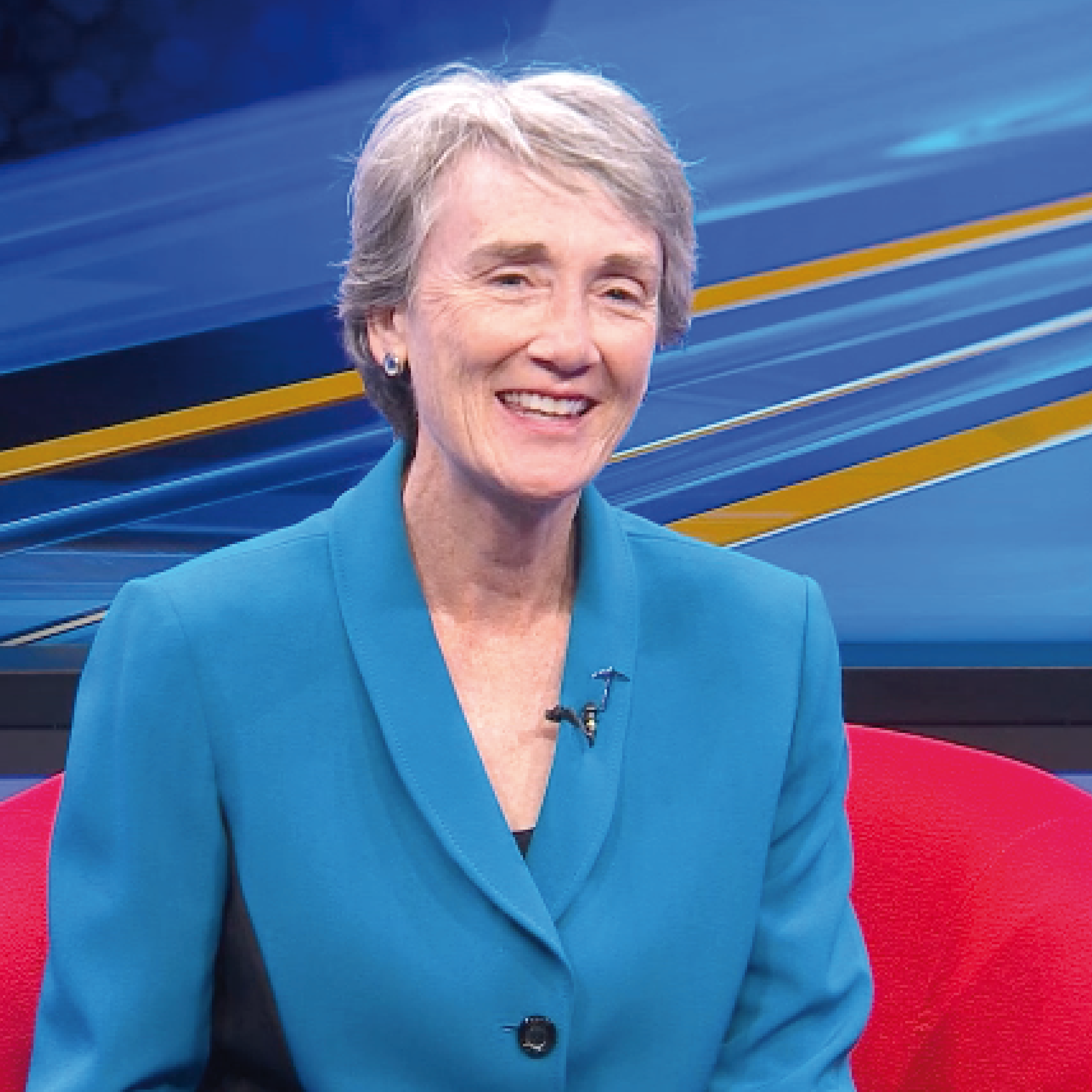 Blue Origin board member and UTEP President Heather Wilson reacts to historic flight