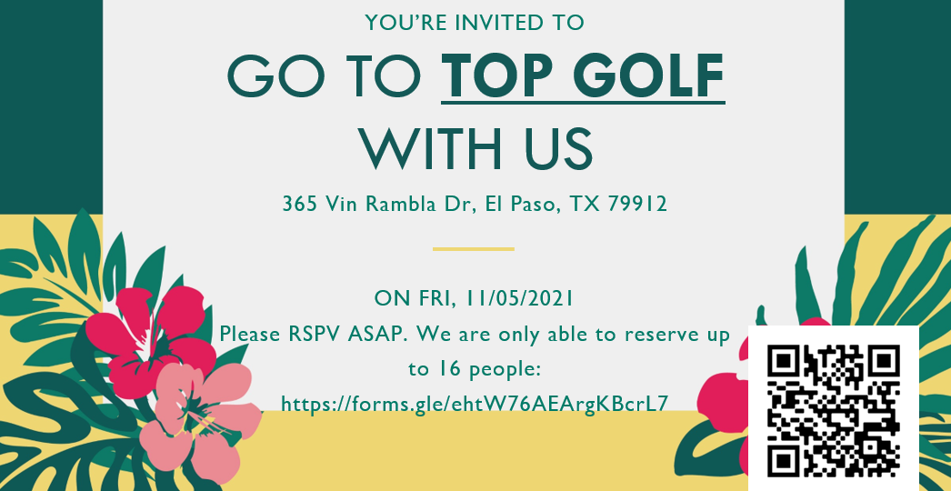 Invitation graphic for a Topgolf event showing date, location, RSVP information, floral decorations, and a QR code.