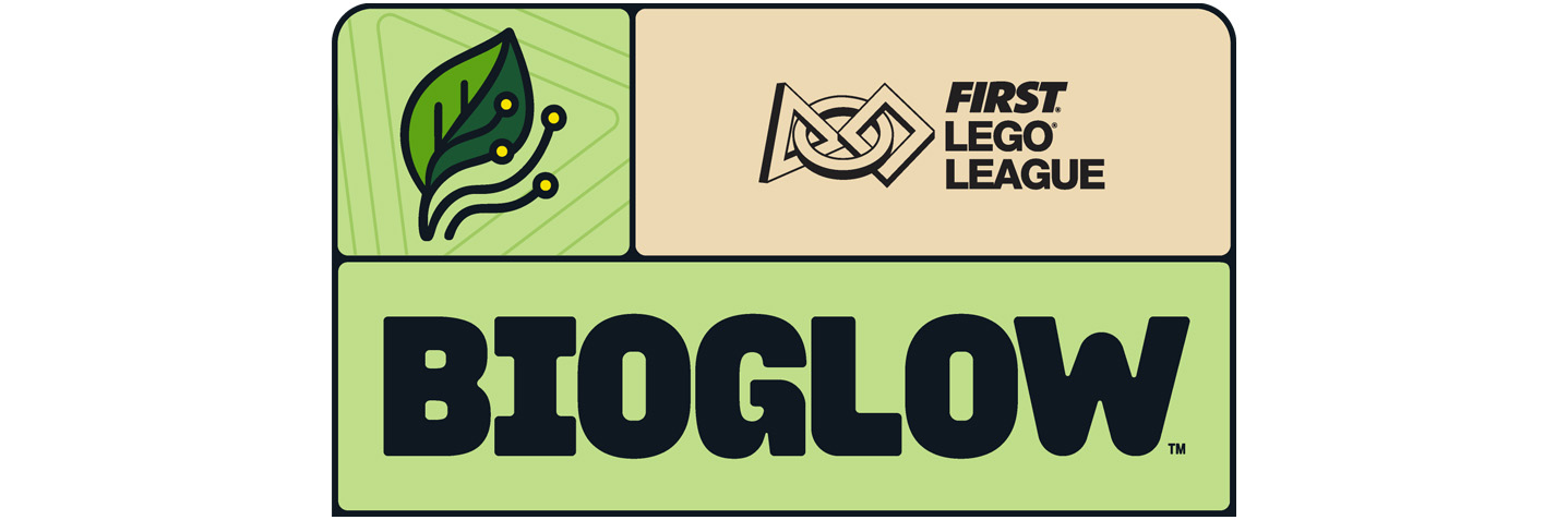 FIRST LEGO League BIOGLOW event logo featuring a stylized green leaf with circuit-like lines and nodes alongside the FIRST LEGO League logo above the word BIOGLOW in large bold letters on a light green background.