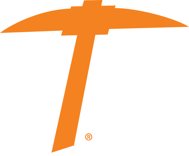 Orange abstract pick-shaped logo featuring a stylized vertical stroke intersecting a curved horizontal form, shown on a white background with a small registered trademark symbol near the bottom.