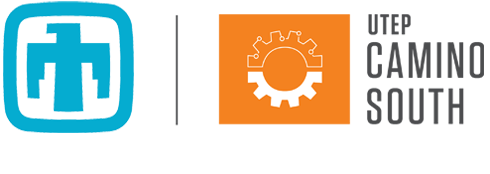 Logo composed of three horizontal sections: a teal rounded-square icon with a stylized geometric bird; a central vertical gray divider; and an orange square with a white gear icon. To the right, the text UTEP CAMINO SOUTH appears in gray on a white background.