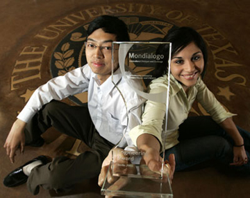 Liang Zhou and Brenda Bustillos pose with their Mondialogo  award at the new Engineering Building expansion