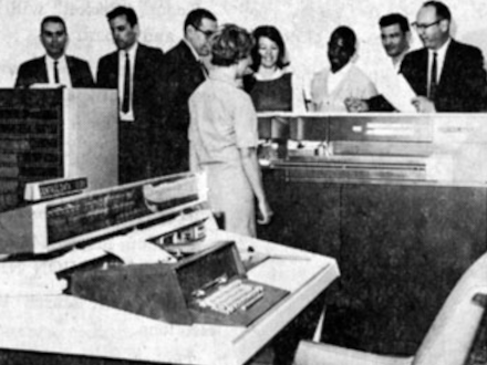 A photo of UTEP faculty, staff and students at the university's new computer center in 1967.