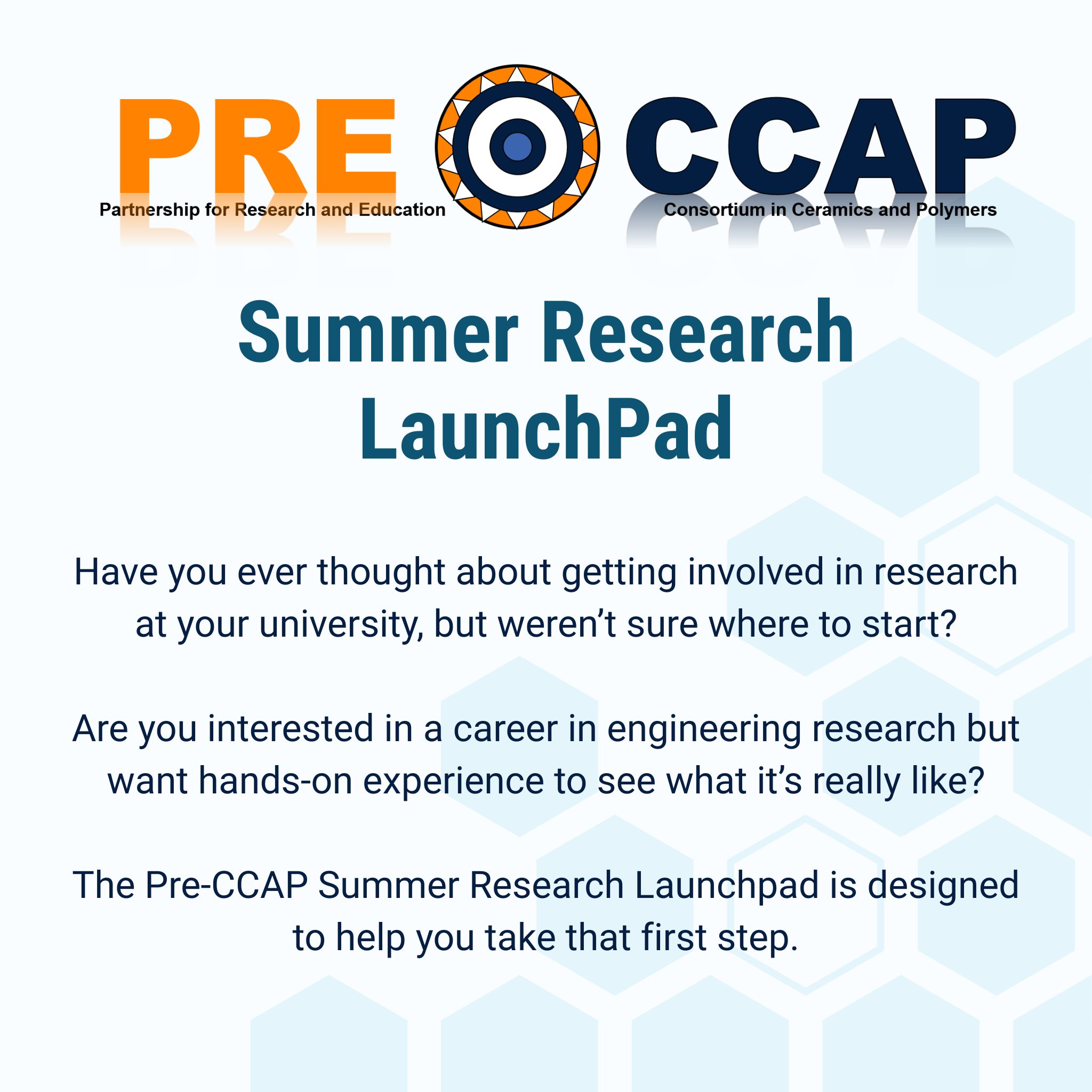 PRE CCAP Summer Research LaunchPad promotional graphic featuring program information and consortium logos on a light gray background.