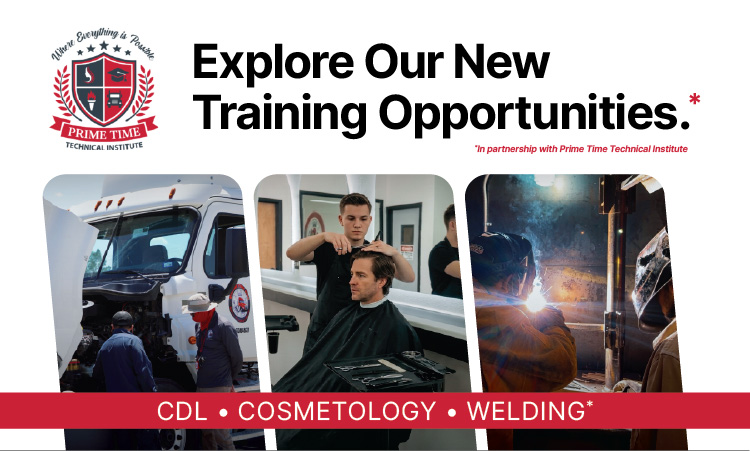 Banner with Prime Time company logo and 3 images of bus drivers, man cutting another man's hair and two men in welding masks welding. 