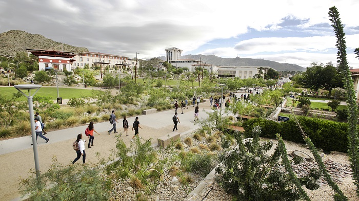 Overhead shot of Centennial Plaza with students walking through
