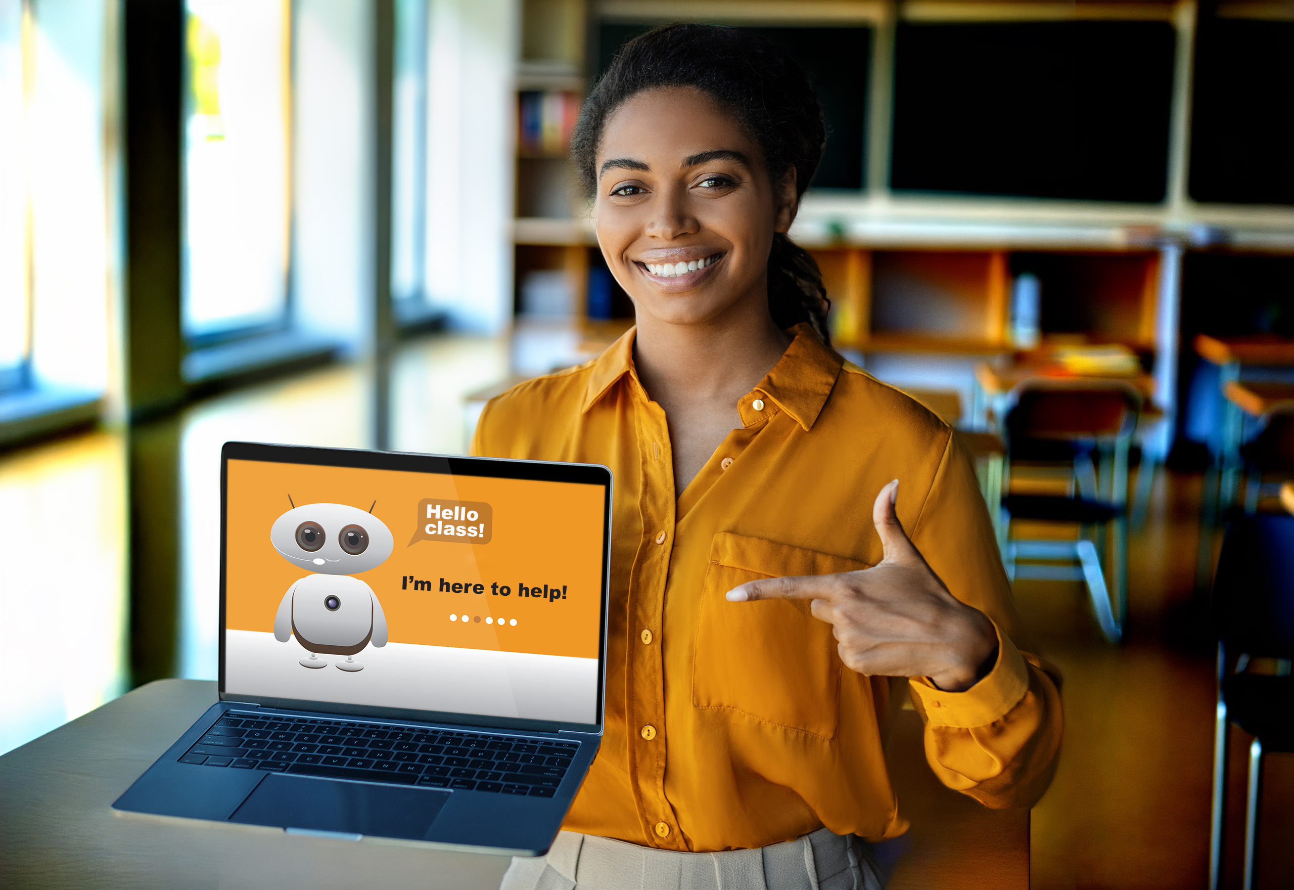 Woman in yellow top with laptop screen outward; laptop display shows robot