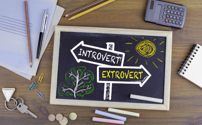 Paperclips, pens, chalk, keys, and notebooks surround a chalkboard drawing of signs reading ‘Introvert’ and ‘Extrovert’ to show different study methods.