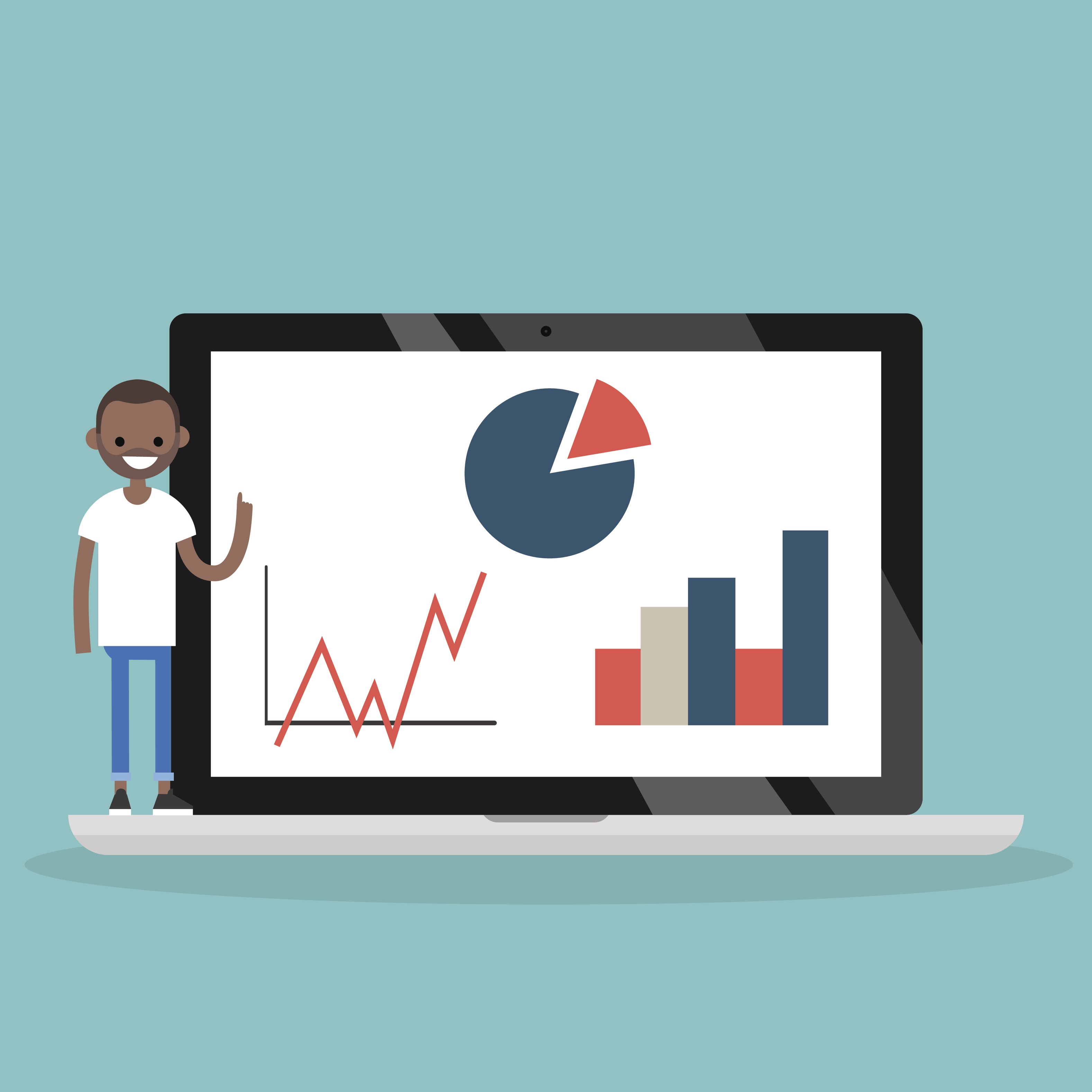 Vector image of African American man standing on a laptop displaying charts to represent online education statistics.