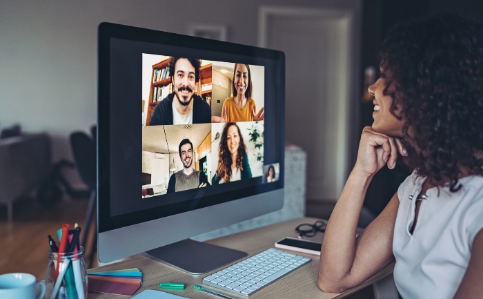 Closeup of a businesswoman participating in an online networking conference call