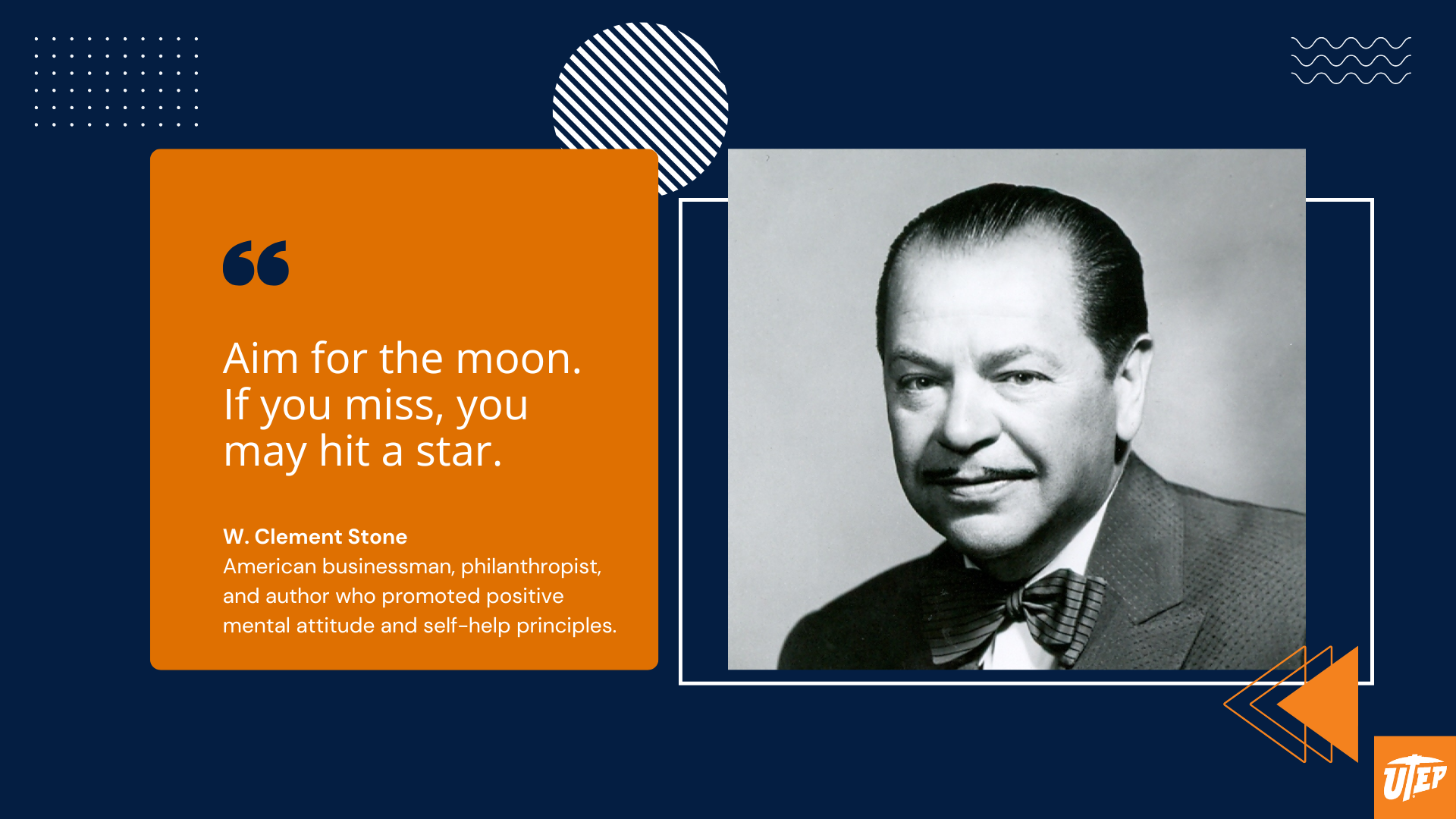 Motivational quote graphic showing W. Clement Stone with the quote: “Aim for the moon. If you miss, you may hit a star”. Included in a post about success quotes for students.