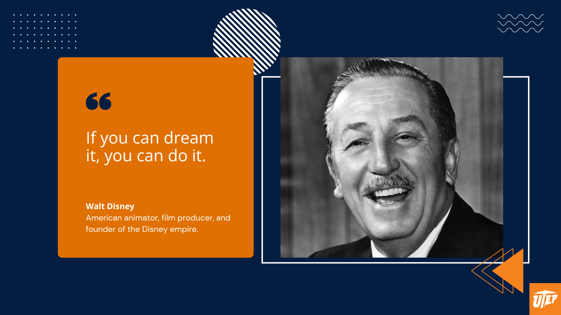 Motivational quote graphic with Walt Disney and the quote: “If you can dream it, you can do it". Used in a blog about motivational quotes for students.
