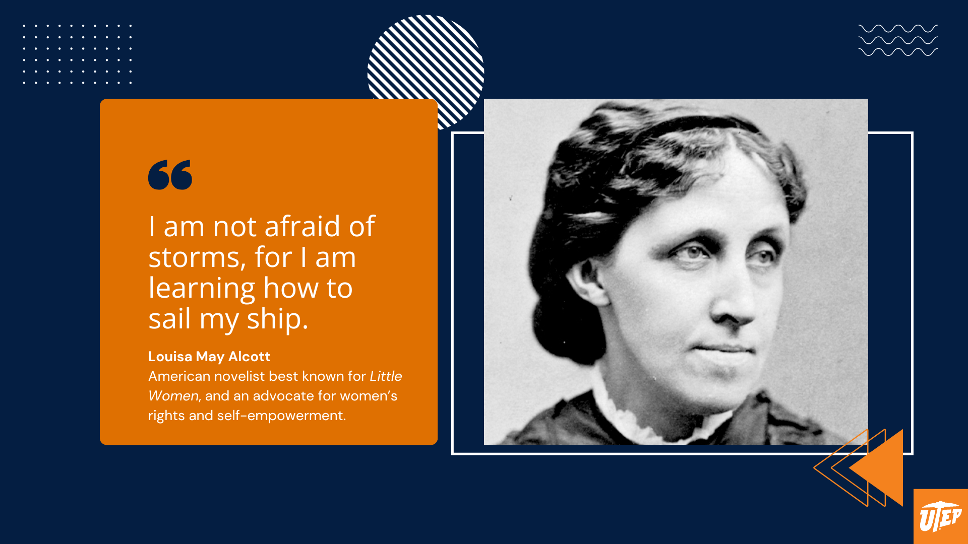 Inspirational quote image for students featuring Louisa May Alcott and the quote “I am not afraid of storms, for I am learning how to sail my ship.” Split design with her portrait and text. A motivational quote for students balancing challenges.