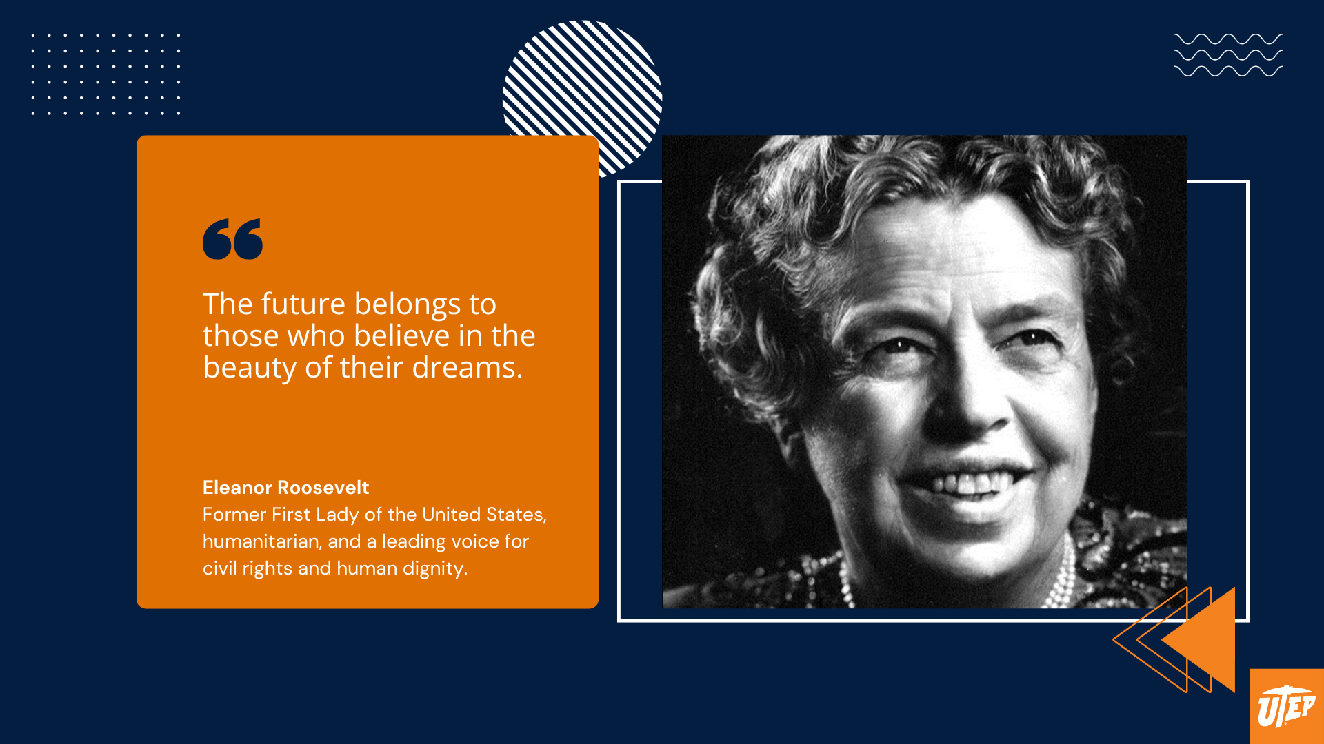 Inspirational student quote image with Eleanor Roosevelt and her quote “The future belongs to those who believe in the beauty of their dreams.” A powerful saying for students, designed in a modern university theme.