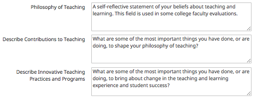 Screenshot of the different statements on teaching, which include Philosophy of Teaching, Contributions to Teaching, and Innovative Teaching Practices and Programs