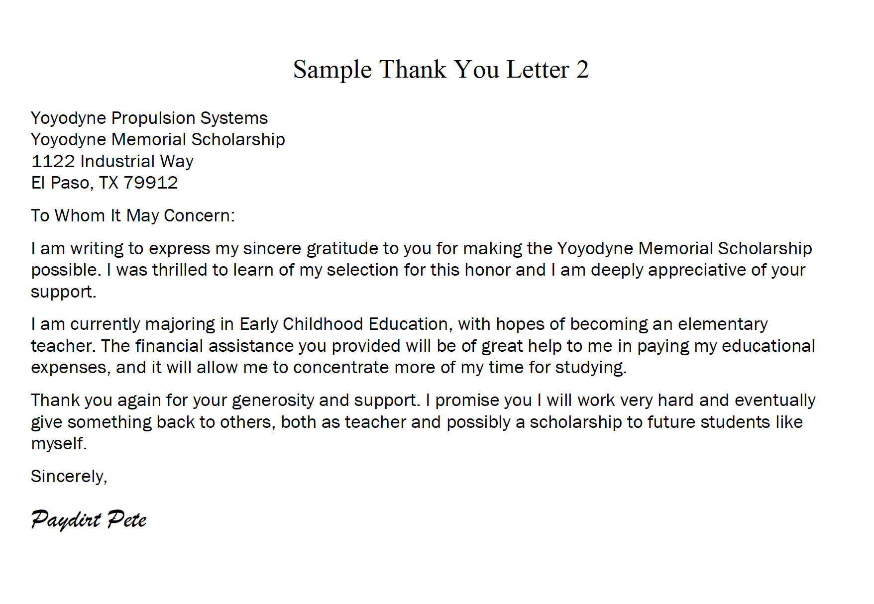 Example of a thank you letter