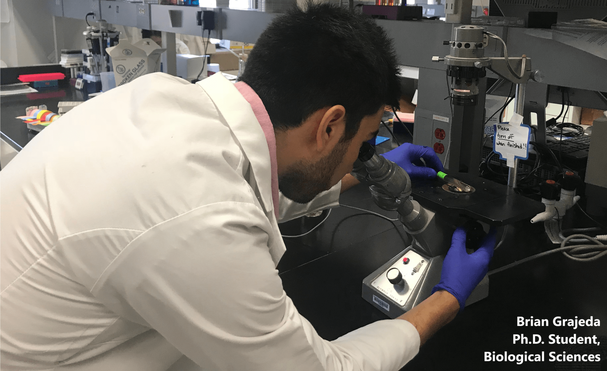 brian grajeda, phd student biology, works on a microscope