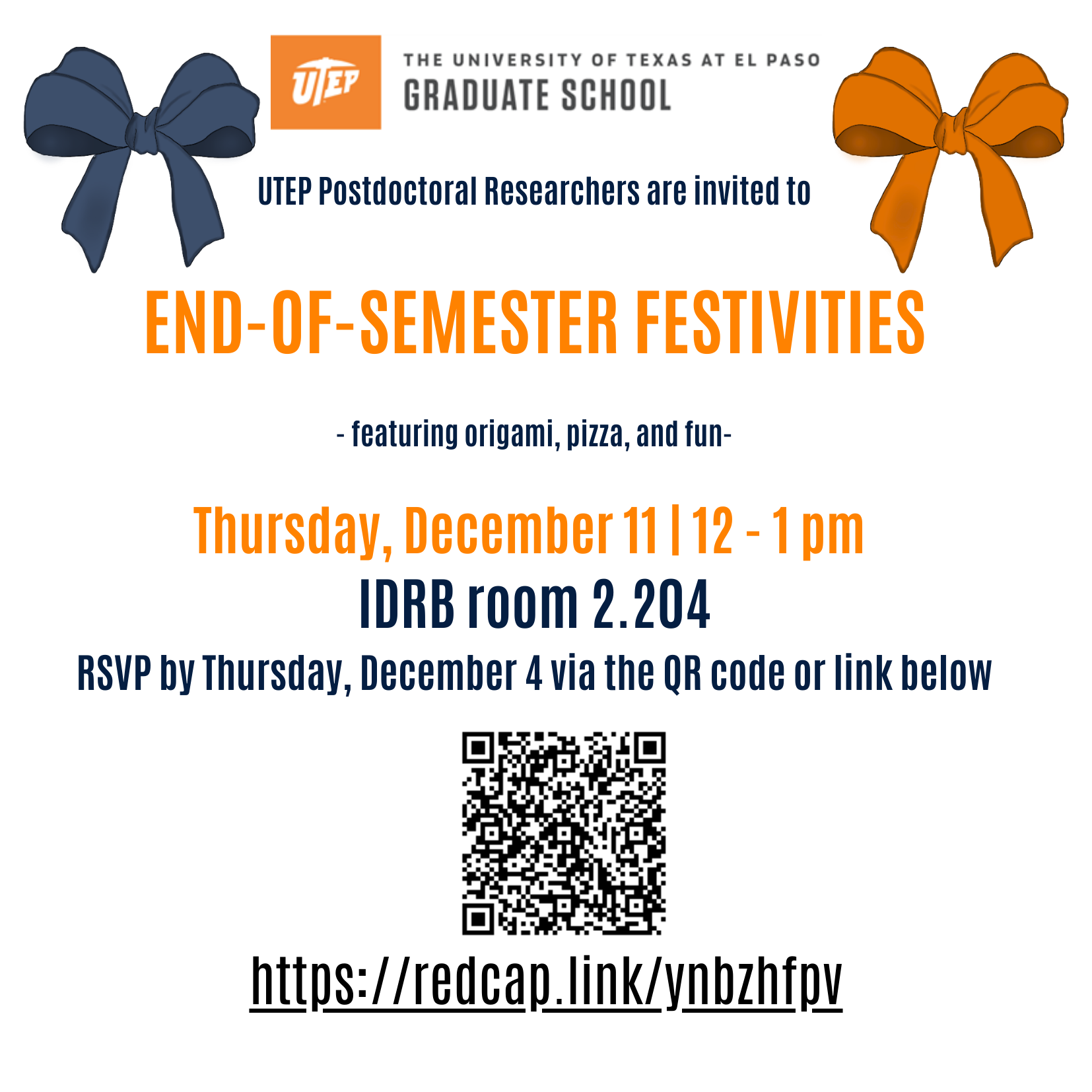 flyer of the UTEP postdoc association end of semester festivites