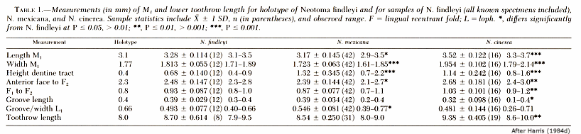 Table giving measurements of m1 and toothrow length for Neotoma findleyi, N. mexicana, and N. cinrea.