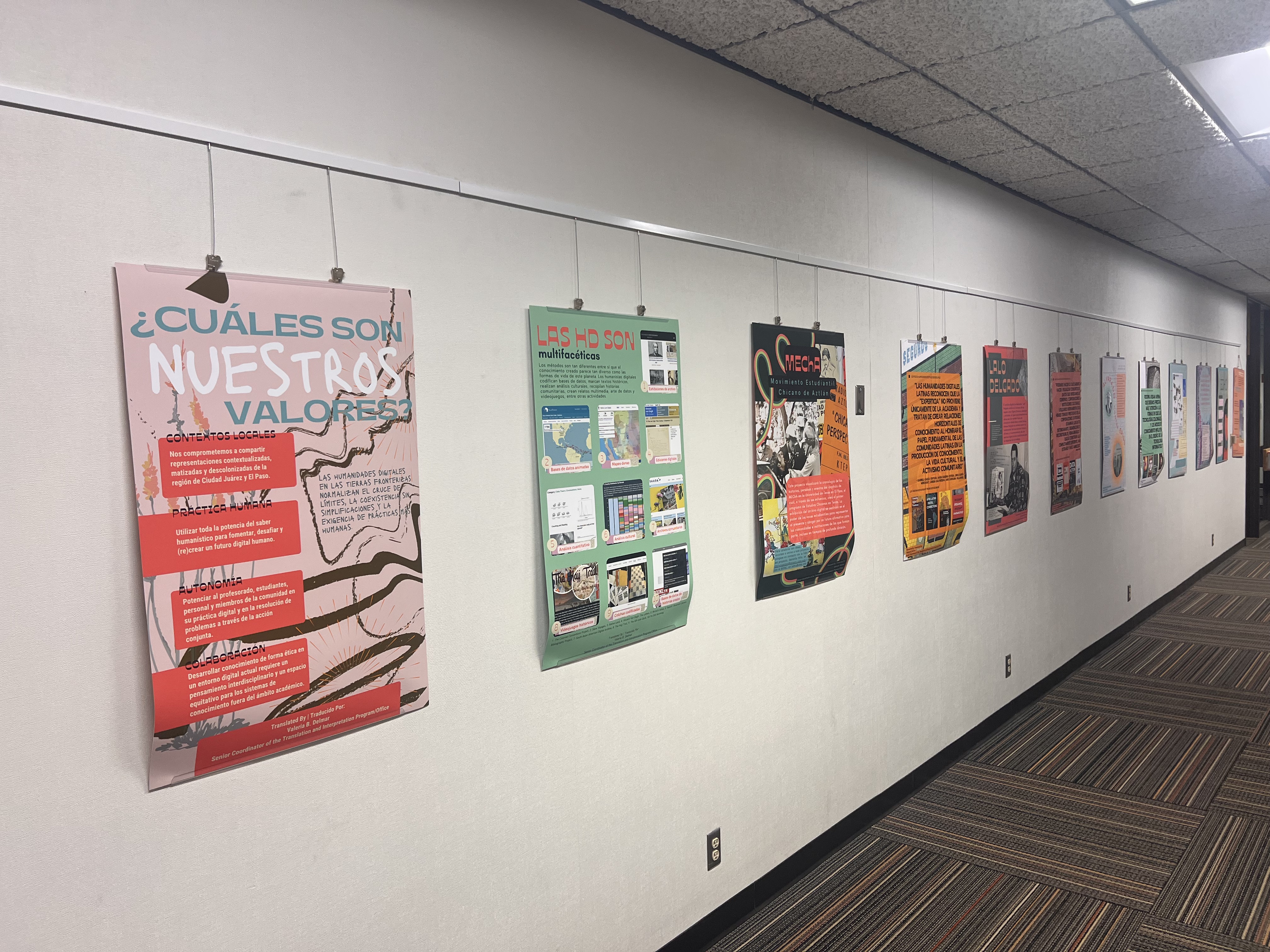 Six illustrated exhibit panels currently on display on the entrance wall of the Borderlands Digital Humanities Center, introducing the Center and digital humanities as a field