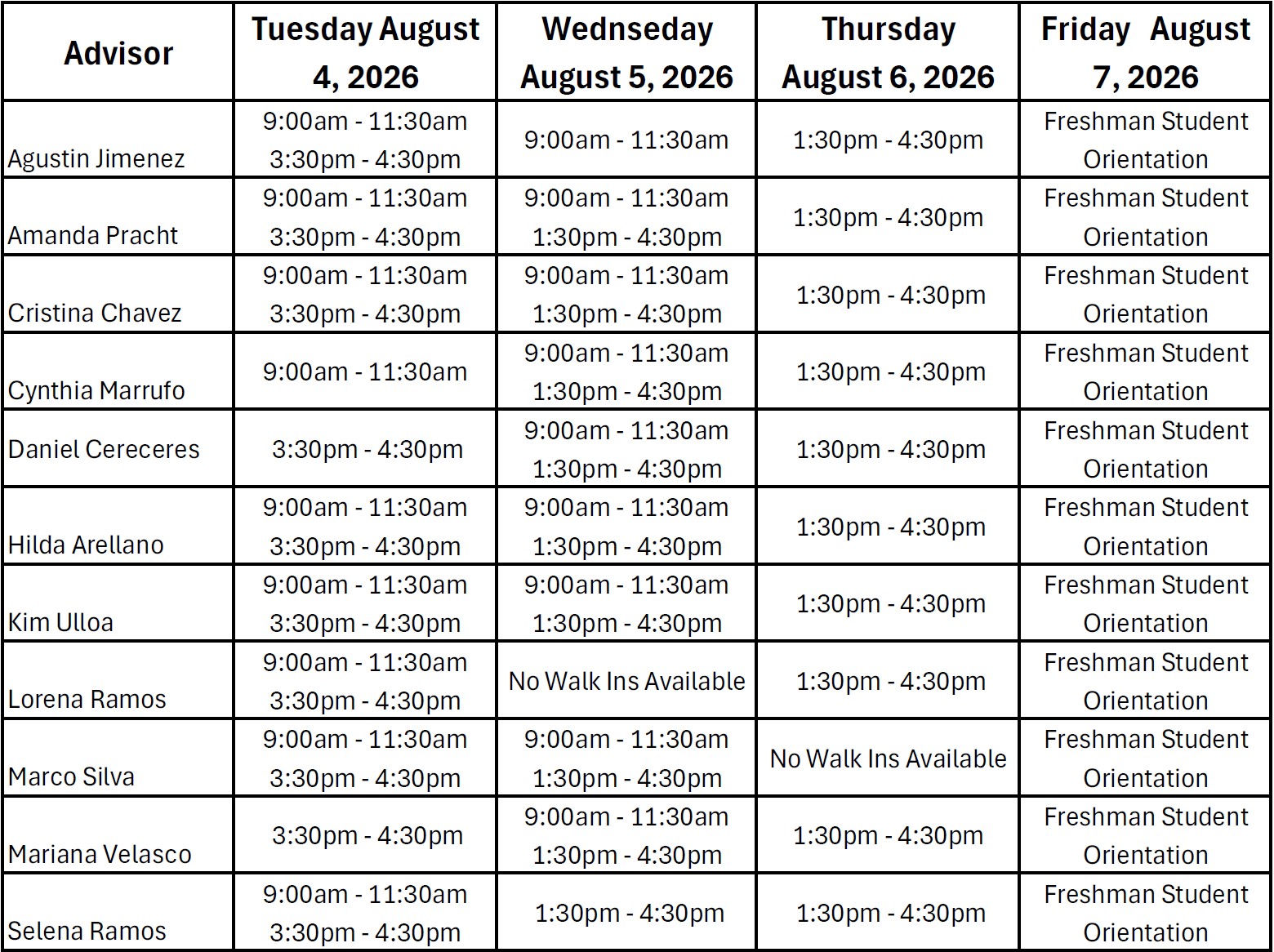 advising schedule - click to view pdf